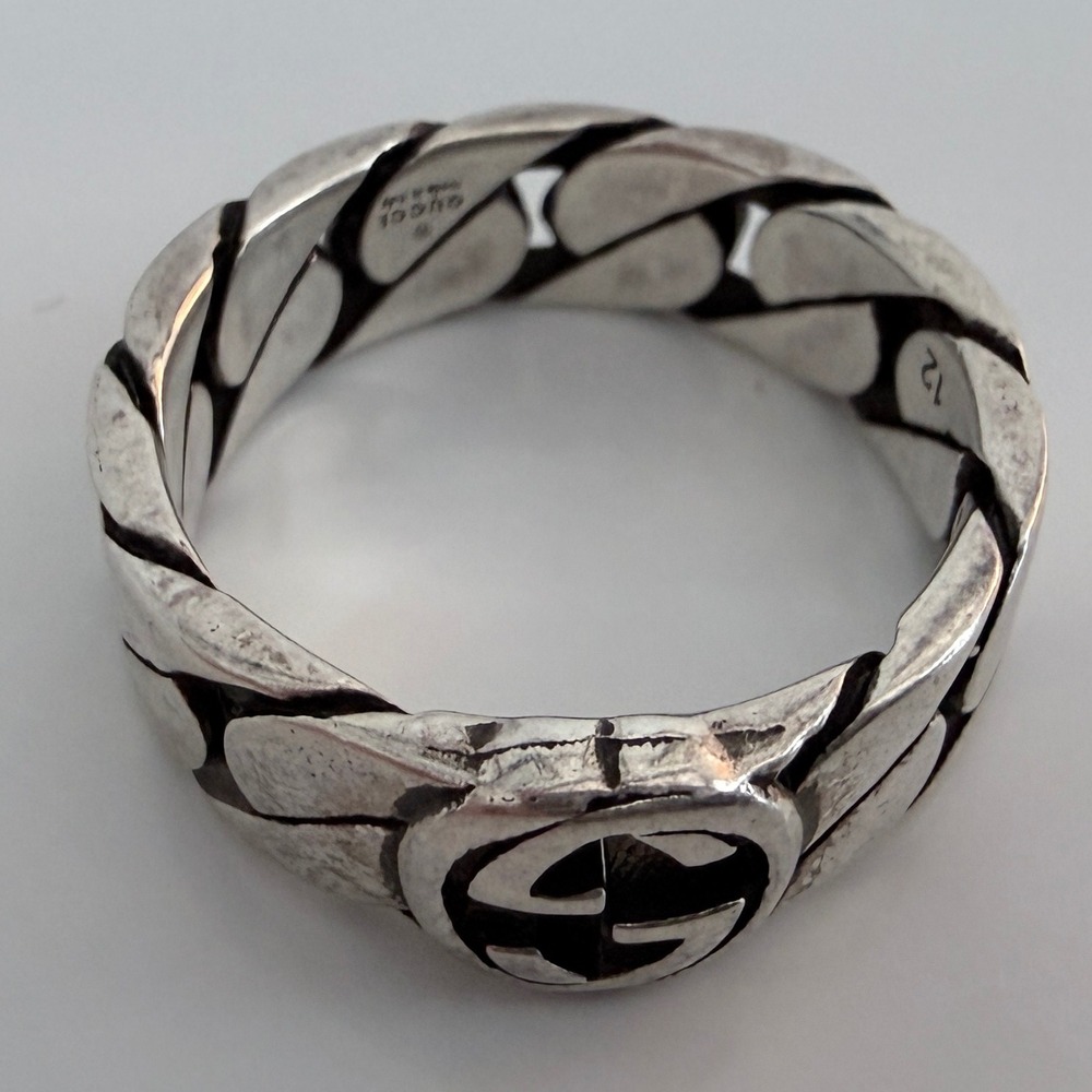 Gucci Interlocking G Curb Chain Ring Sterling Silver 661513 J8400 Size 12 IT 6